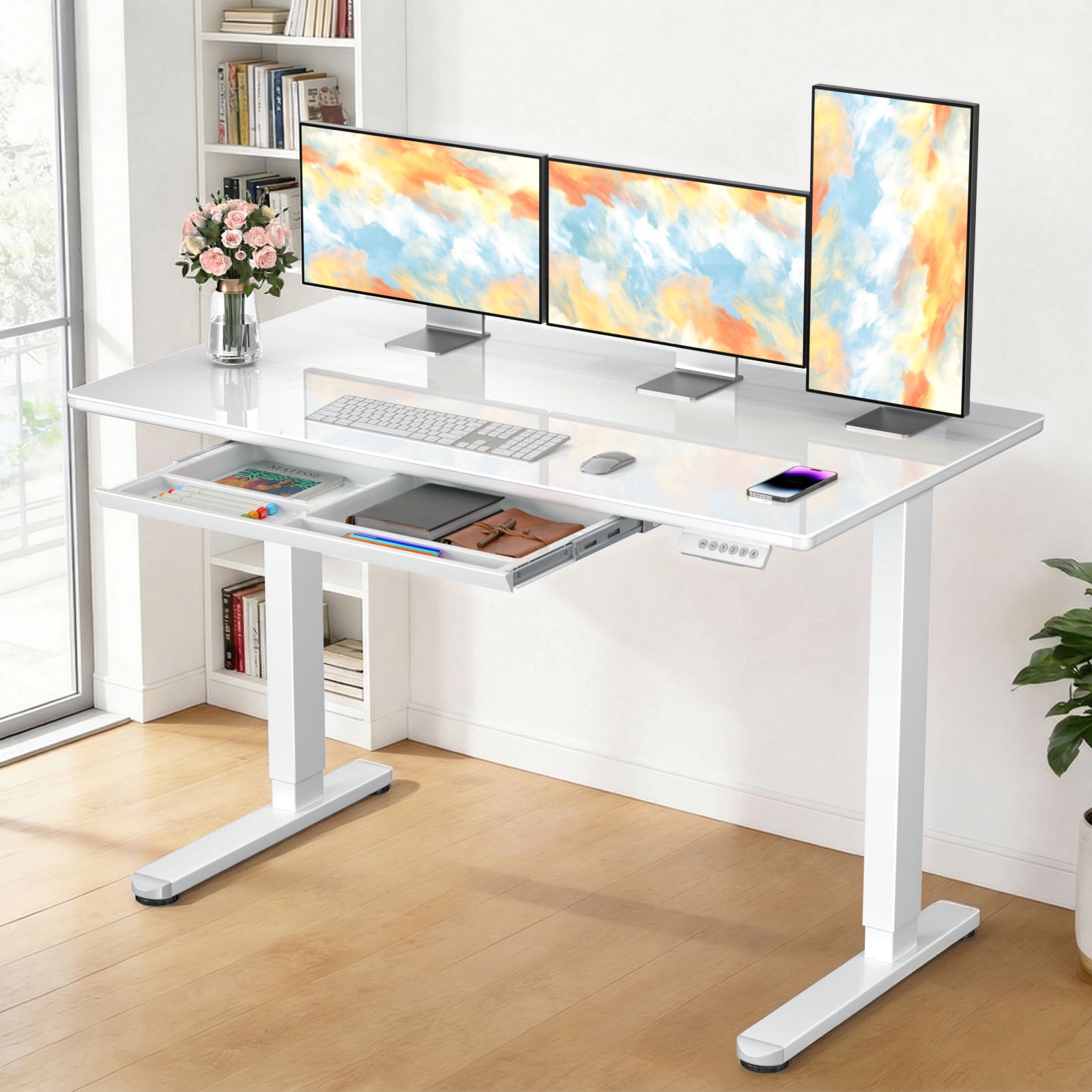 Kyspho Glass Top 48" x 24" Electric Standing Desk with Drawer, Height Adjustable Sit Stand Desk for Home Office, White