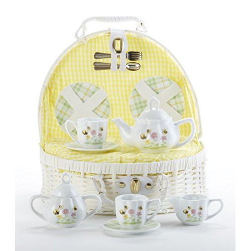 Delton Porcelain Bee Buzz Children's Tea Set in White Basket