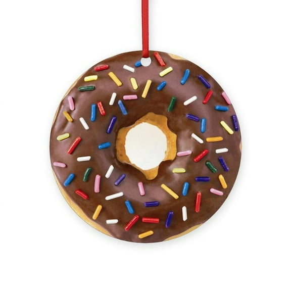CafePress - Chocolate Donut And Rainbow Sprinkl -  Round Wood Ornament 4"