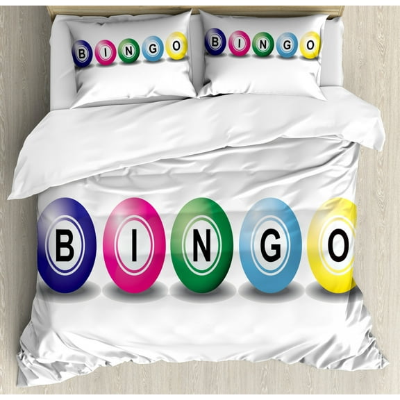 Bingo Duvet Cover Set King Size, 3D Style Bingo Balls with Different Colors Chance Luck Opportunity Theme, Decorative 3 Piece Bedding Set with 2 Pillow Shams, White and Multicolor, by Ambesonne