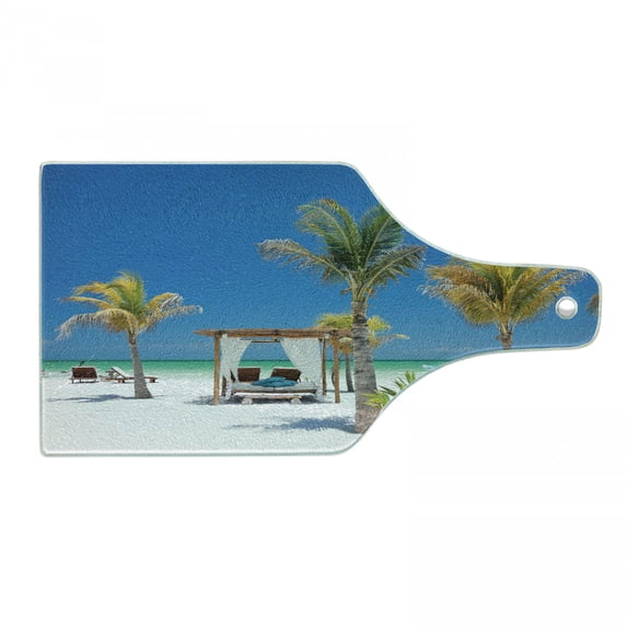 Tropical Cutting Board, Beach Beds Among Palm Trees Paradise Coast Holiday Summer Ocean Sunbathing Picture, Tempered Glass Cutting and Serving Board, Wine Bottle Shape, Multicolor, by Ambesonne