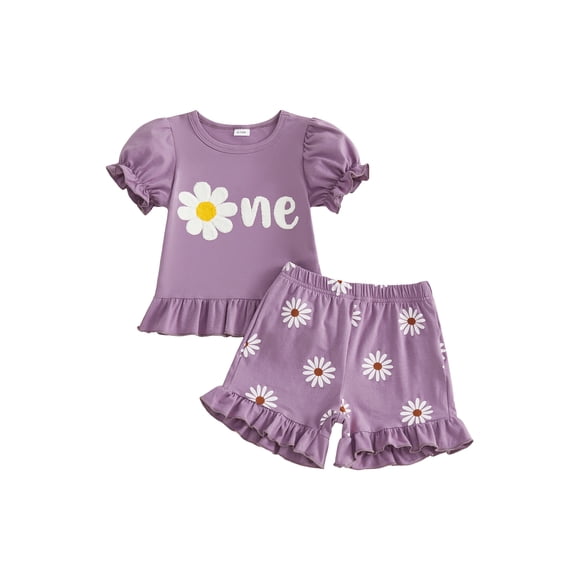 BemeyourBBs 2Pcs Baby Girl First Birthday Outfits 1st Birthday One Years Old Summer Clothes Puff Short Sleeve Crew Neck Daisy Letters Embroidery T Shirt Tops and Elastic Waist Shorts Set