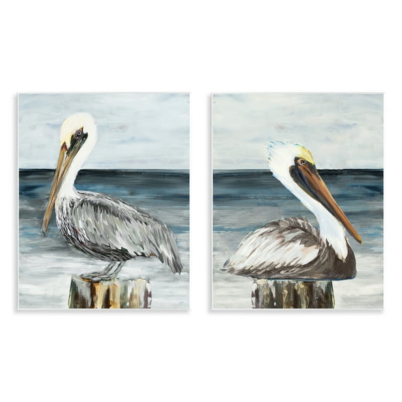 Stupell Industries Beachfront Pelican Log Animals Painting Unframed Art Print Wall Art, 11 x 14, Set of 2