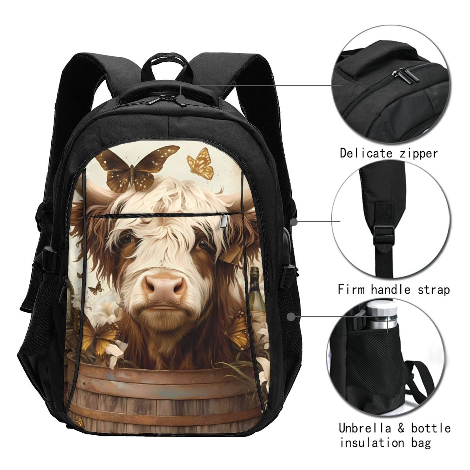 Horeoi Butterfly Cow Barrel Print USB Backpack for Travel School Work with Laptop Compartment Charging Port and Anti-Theft Pocket