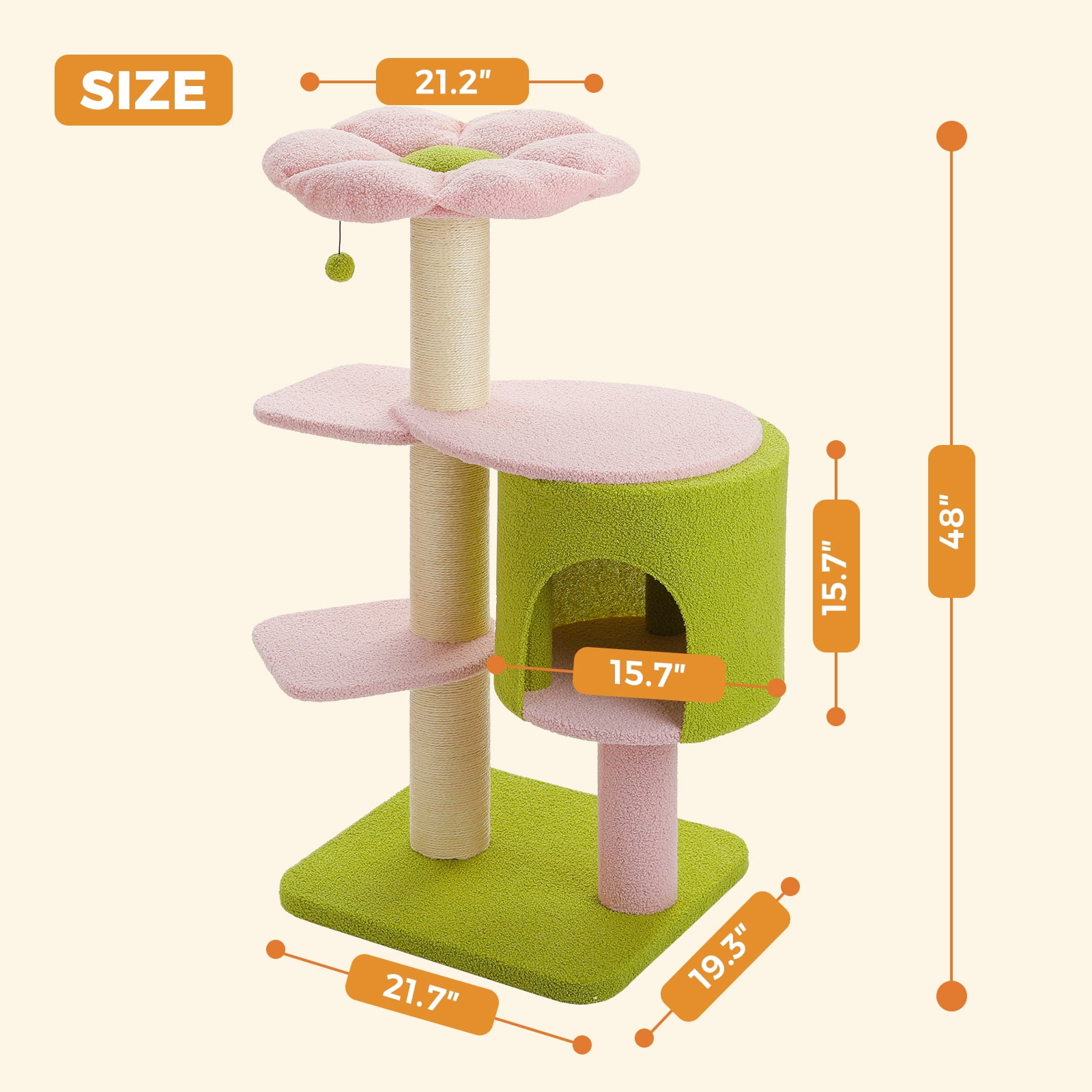 Pefilos 48" Cat Tree for Indoor Cats, 4.1-inches Thicked Scratching Post with a Spacious Condo, Stability Cat Tower with 2-Layer Baseboard, Pink