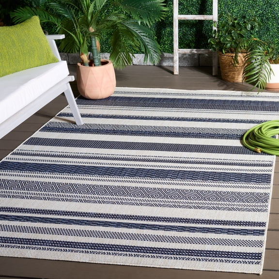 Safavieh Beach House Merrilyn Striped Indoor/Outdoor Area Rug, Navy/Ivory, 6'7" x 6'7" Square