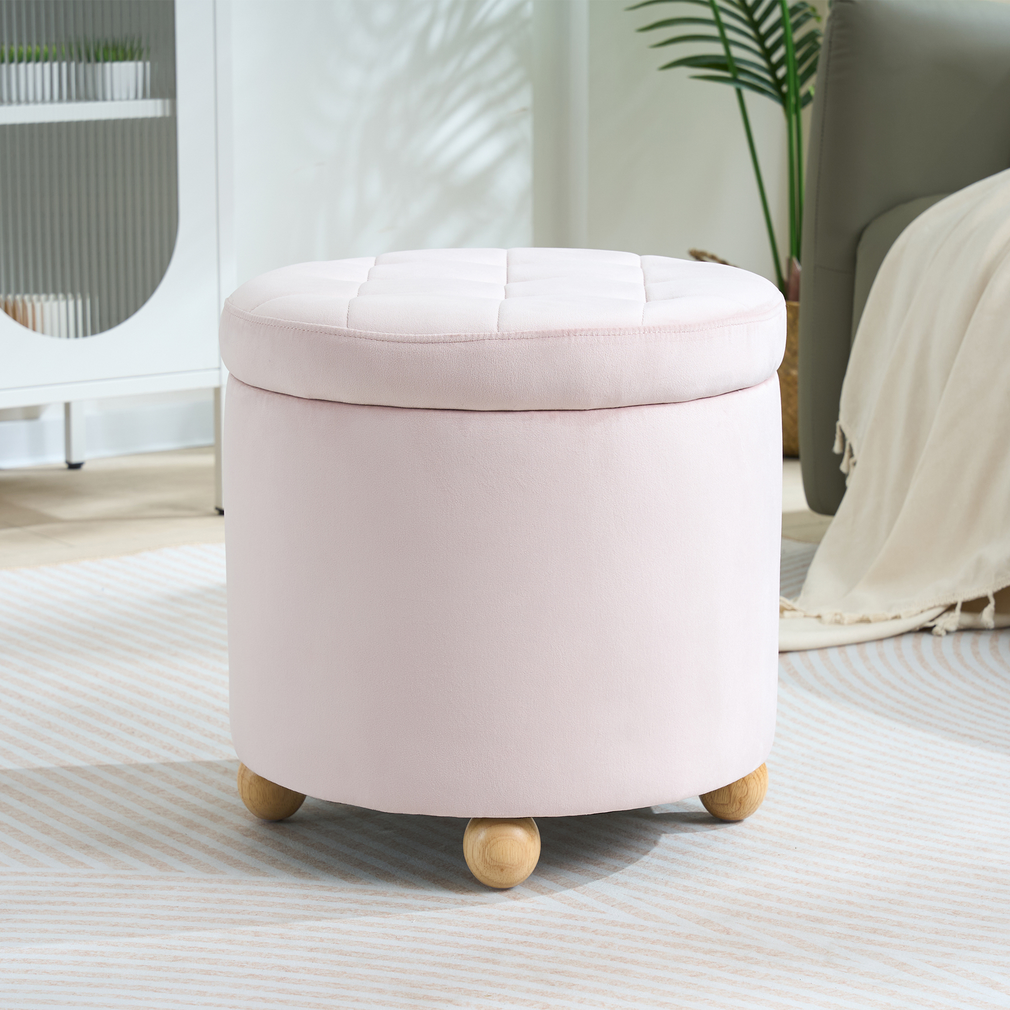 Round Velvet Storage Ottoman with Reversible Tray Lid, Tufted Upholstered Footrest Stool with Wooden Legs