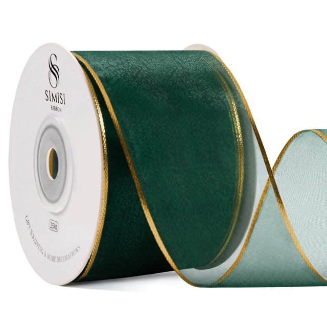 Cinta decorativa SIMISI de organza alambrada, 6,5 cm, 23 m, oro verde