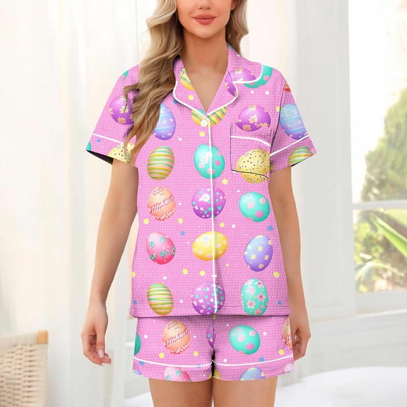 Goodtrade8 Womens Button up Pajamas Sets Shorts & Tops Casual Homewear PJS Short Sleeve Loungewear Summer 2 Pieces Easter Home PJ Sets for Women Homewear