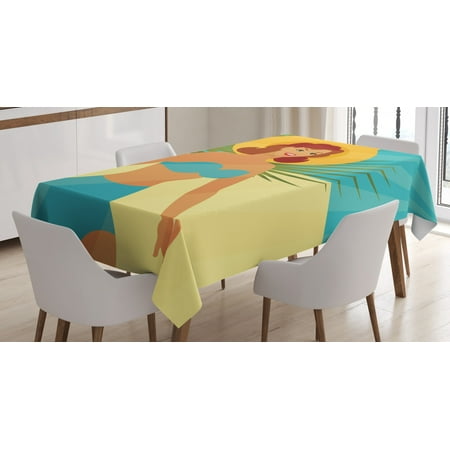 

Pin up Girl Tablecloth 1950s Style Woman Wearing Strapless Blue Bikini and a Hat in an Exotic Beach Rectangular Table Cover for Dining Room Kitchen 60 X 84 Inches Multicolor by Ambesonne