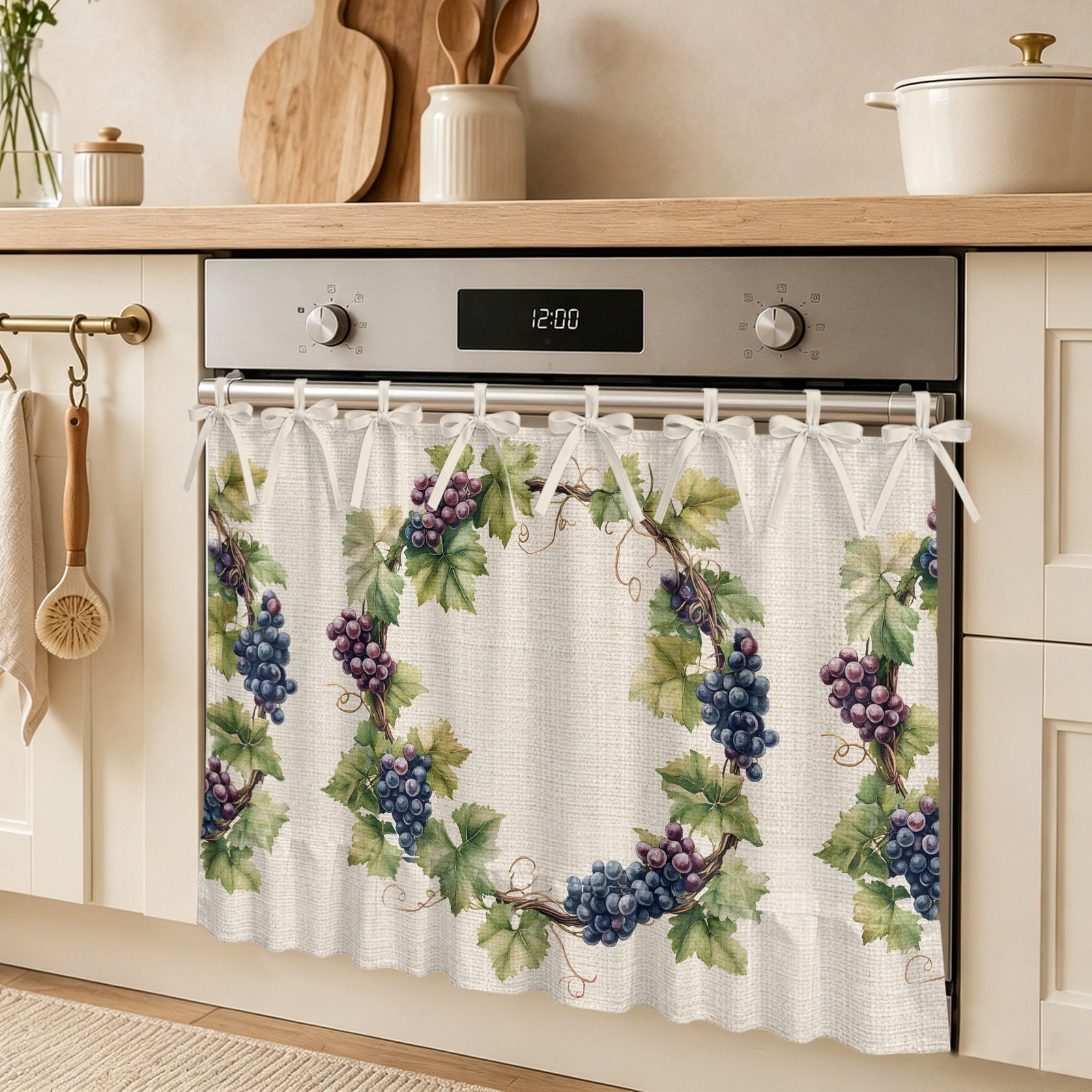 Summer Grape Wreath Oven Skirt Curtain Retro Watercolor Purple Grapes Green Leaf Linen Tie Top Tier Curtains Stove Dishwasher Skirt Small Window Drapes for Kitchen Bathroom Cafe 27 x20