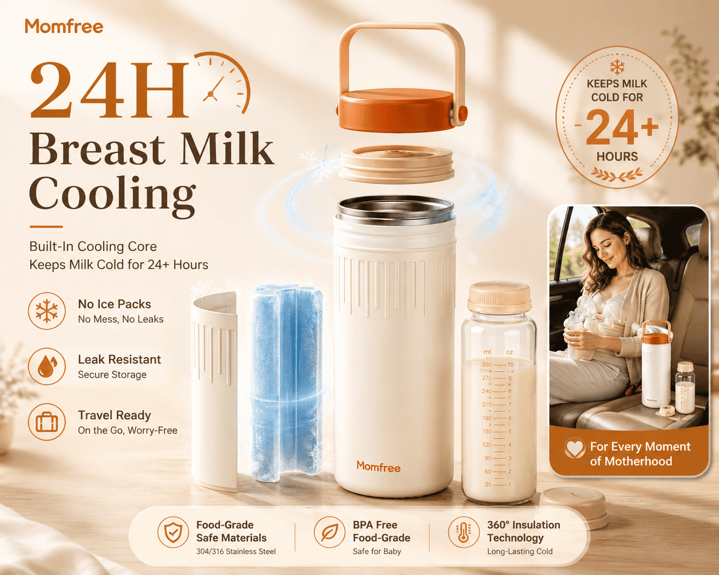 Momfree 22oz Portable Breast Milk Cooler, 24H 360° Continuous Cooling, Stainless Steel Breastmilk Chiller with 2 BPA-Free Bottles for Travel