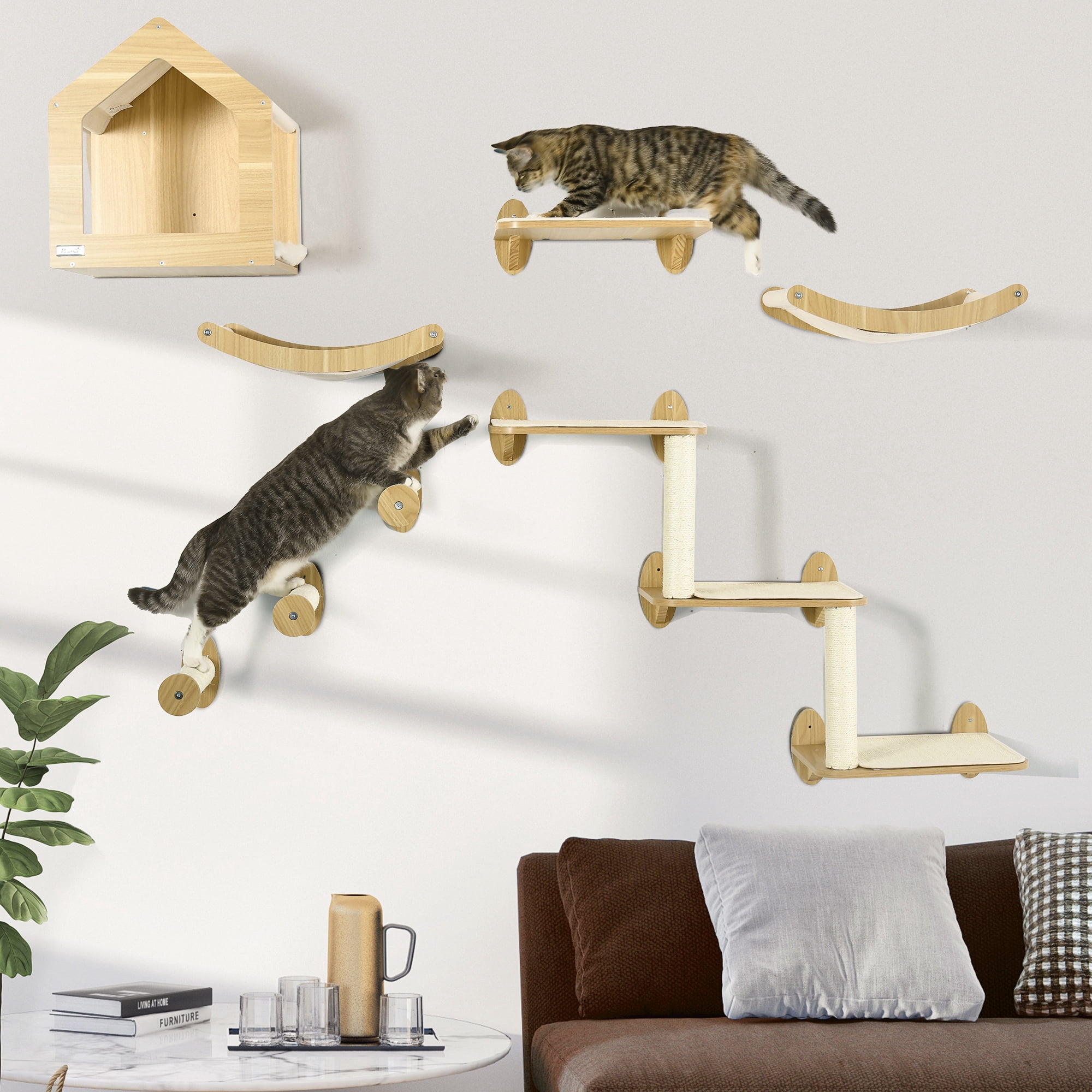 PawHut 10-Lvl Wood Cat Tree W/ Cat Shelves, Modern Wall-Mount Cat Tree