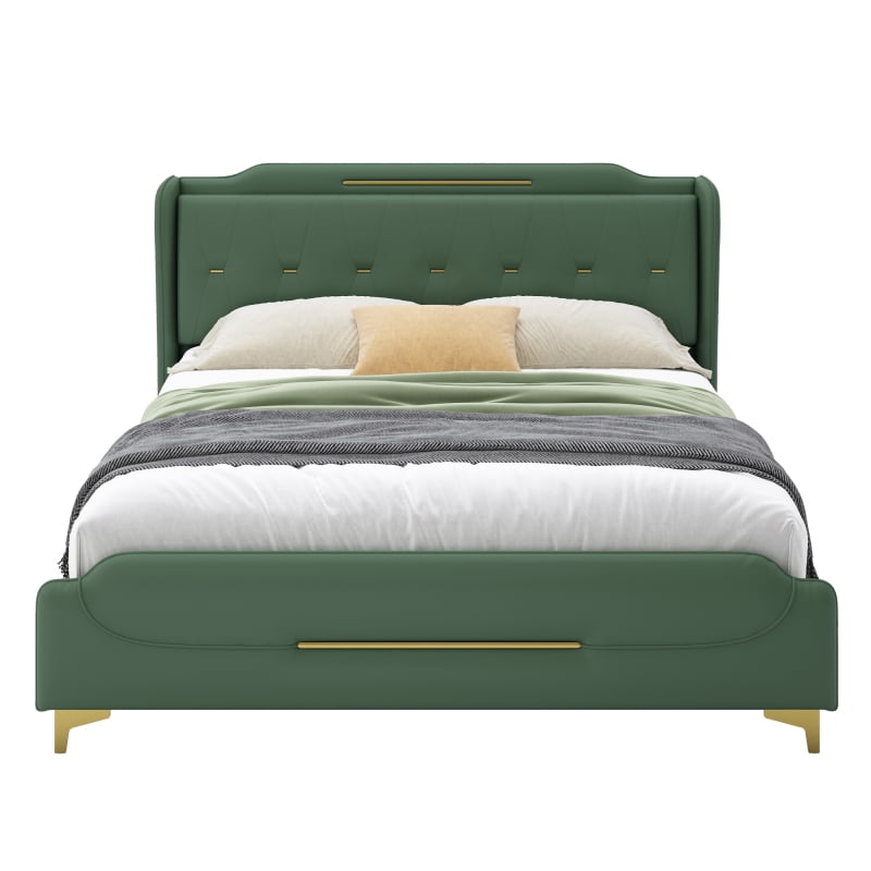 [Luckynote]Queen Size Leather Bed frame with Wingback Headboard & Footboard, PU Upholstered Platform bed, Solid Wooden Slats Support, Easy Assembly