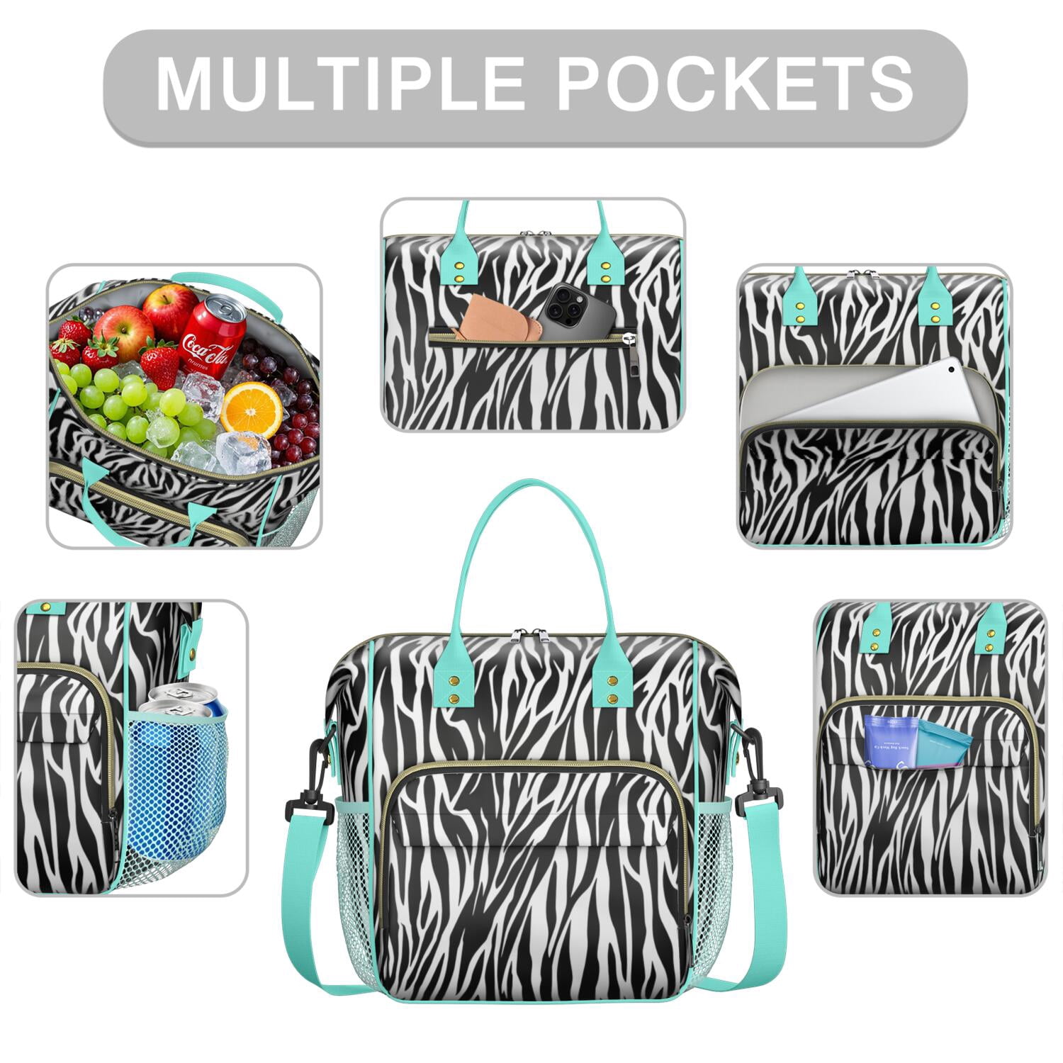 Zebra Stripes Aesthetic Lunch Box – Black & White Abstract Zebra Print Insulated Cooler Bag Leakproof Reusable Tote with Strap for Office Beach or Gift