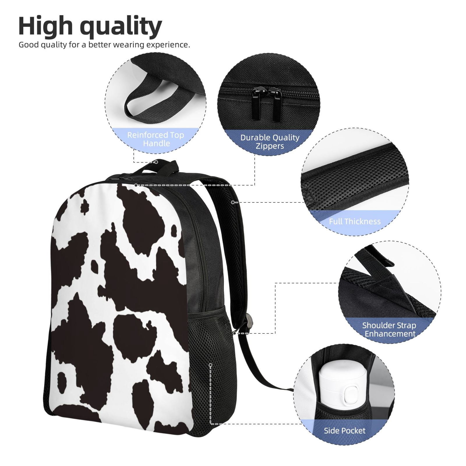 Defioc Cow Skin 2 Print Backpack -Travel,or Work Bookbag Daypacks with 15-Inch Laptop Sleeve and Dual Water Bottle Pockets