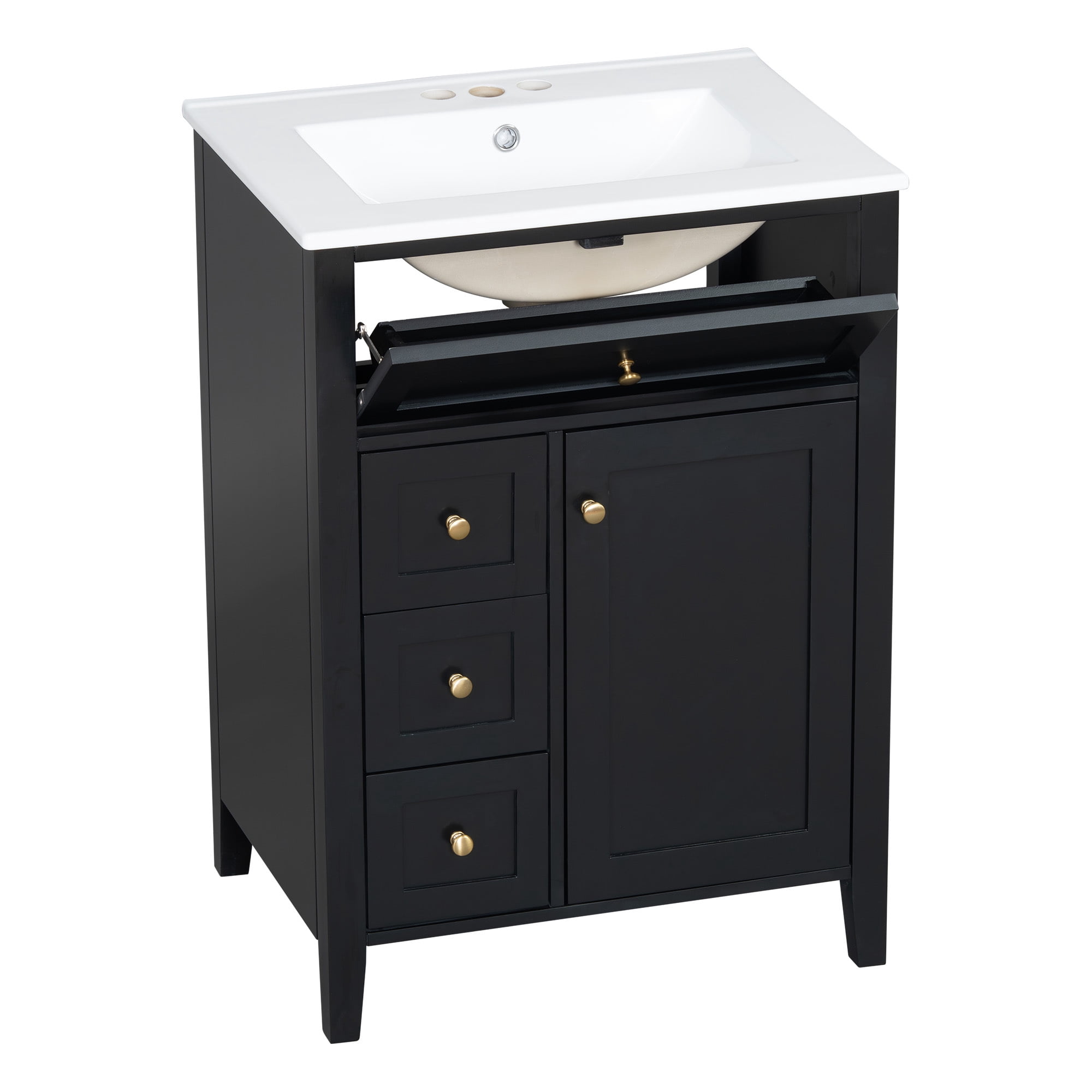 MODERNLUXE 24" Bathroom Vanity with Ceramic Sink,Modern Freestanding Bathroom Storage Cabinet with 4 Drawers,Adjustable Shelves & Door Organizer,Suitable for Small to Medium Bathroom,Black