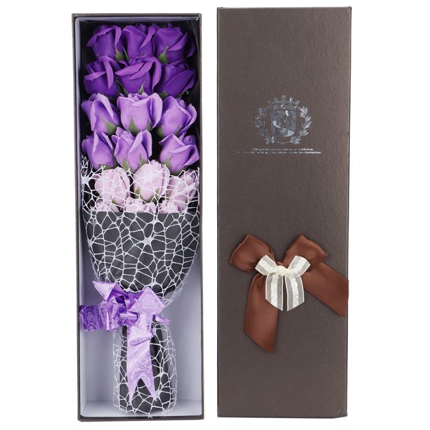 Ramo De Rosas De Flores De Jabón Artificiales De Color Púrpura Degradado De 18 Piezas - Caja De Regalo De Cumpleaños Para El Día De San Valentín