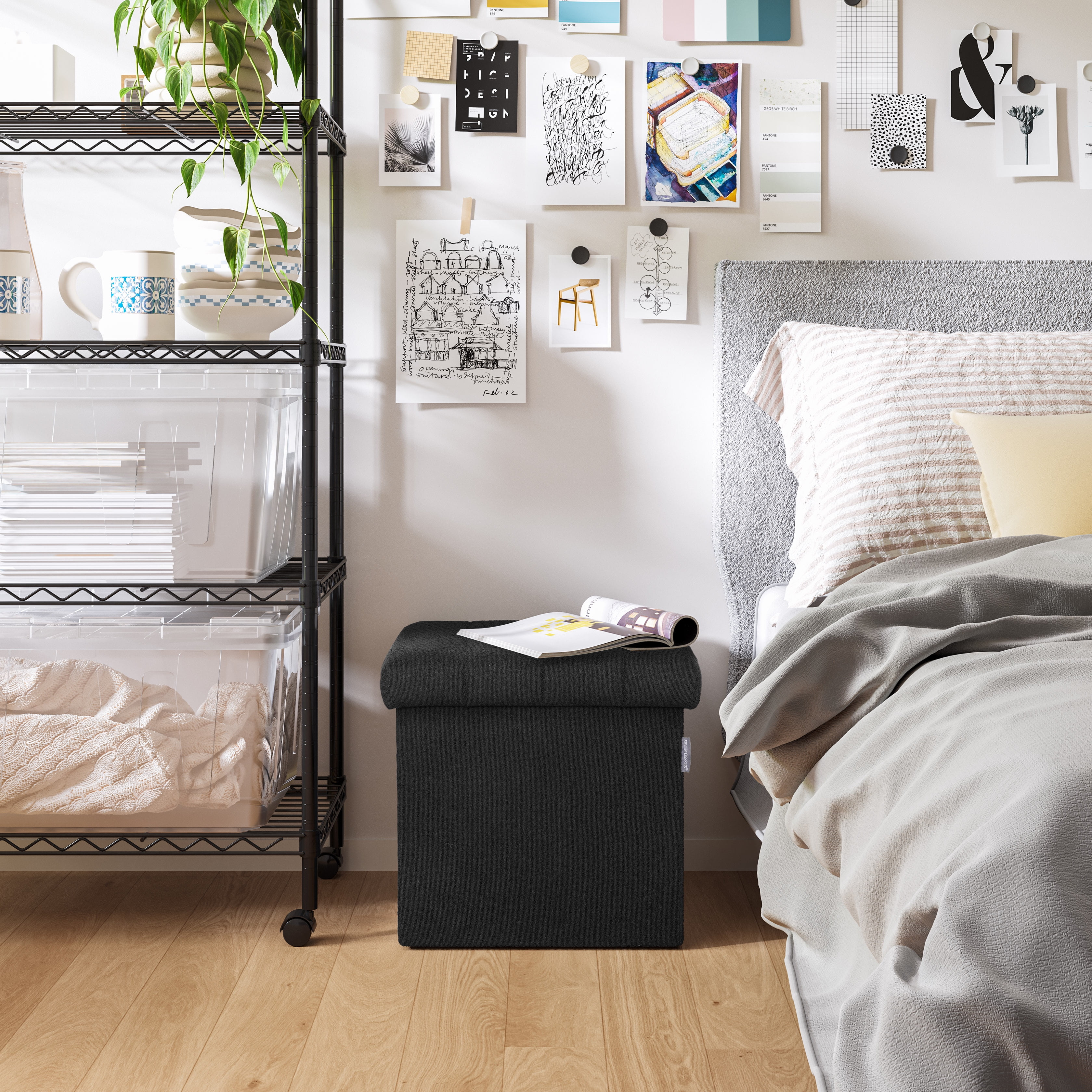 Seville Classics Cushioned Fabric Ottoman Hidden Storage Chest Footrest Chair for Bedroom, Dorm, Loft, Living Room, Entryway, Hallway, Black Boucle, 15.7" Cube