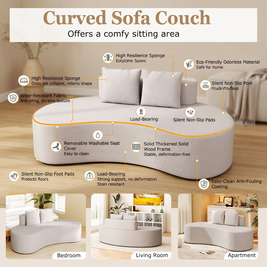 Hommoo Modern Curved Upholstered Sofa, Includes 2 Removable Pillows, Polyester Fabric Living Room Couch, Gray