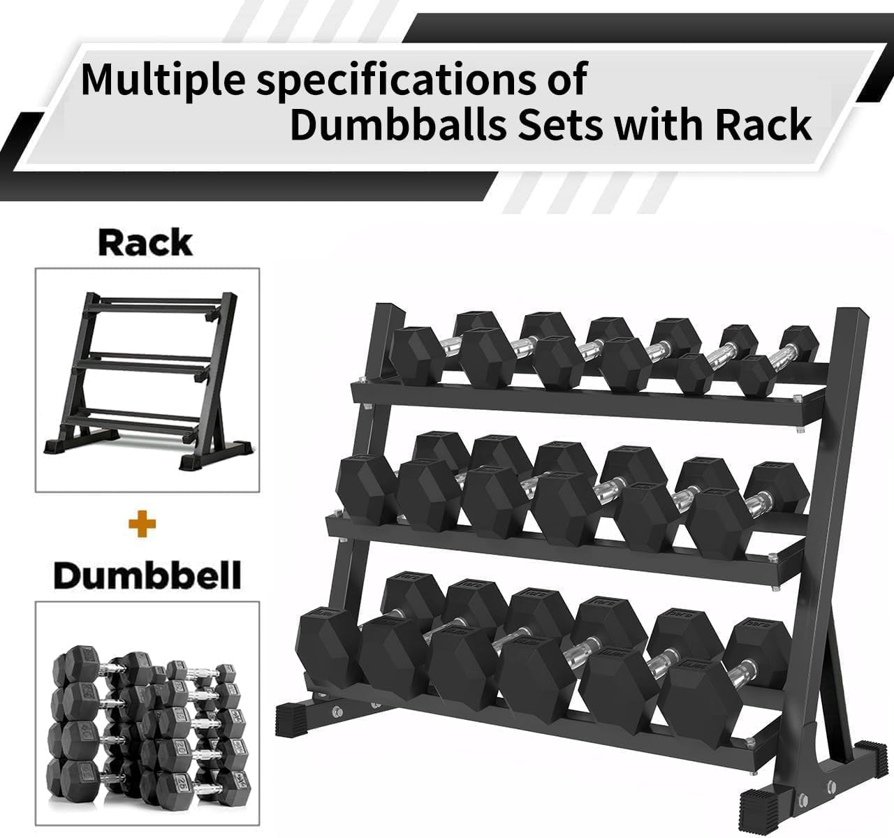 Hex Dumbbell Set with Rack - 350 lbs Total, 10-50 lbs Rubber Coated Hand Weights for Home Gym, Strength Training Fitness Equipment for Men & Women, Non-Roll Design