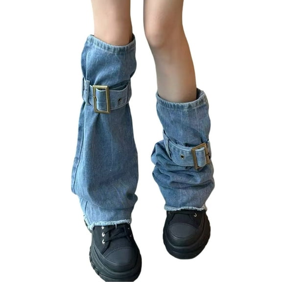 Distressed Jeans Leg Sleeve with Buckled Straps for Women Subcultures Punk Grunge Washed Denims Leg Warmers Flared Socks