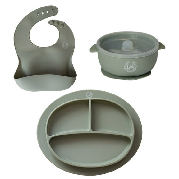 Love and Adore Unisex Silicone Feeding Set 4pc-Bib, Suction Bowl, Lid and Suction Plate- Green