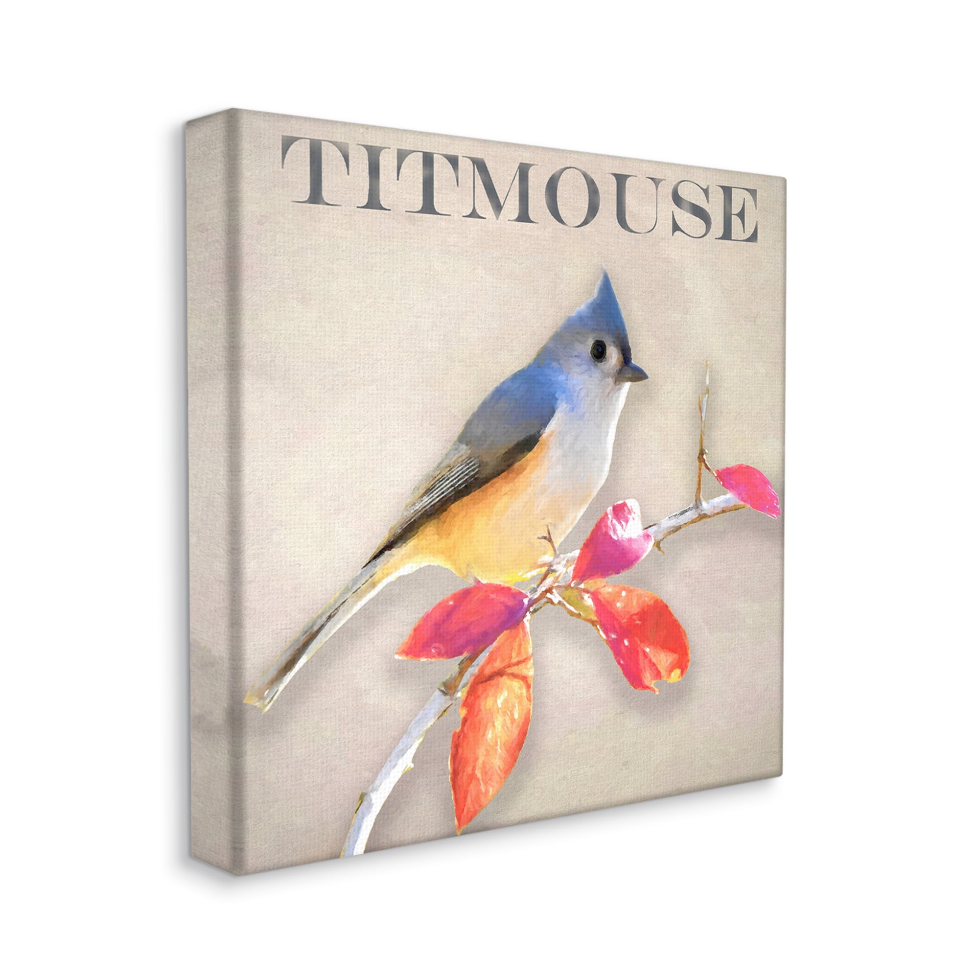 Stupell Industries Titmouse Bird Perched Vivid Plant Leaves Typography Graphic Art Gallery Wrapped Canvas Print Wall Art, Design by Alpenglow Workshop