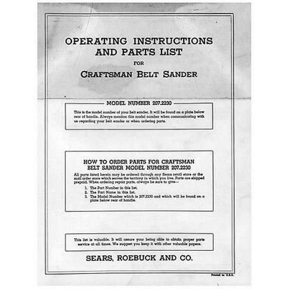 Craftsman 207.2230 Belt Sander-Operating Instructions & Parts List REPRINT