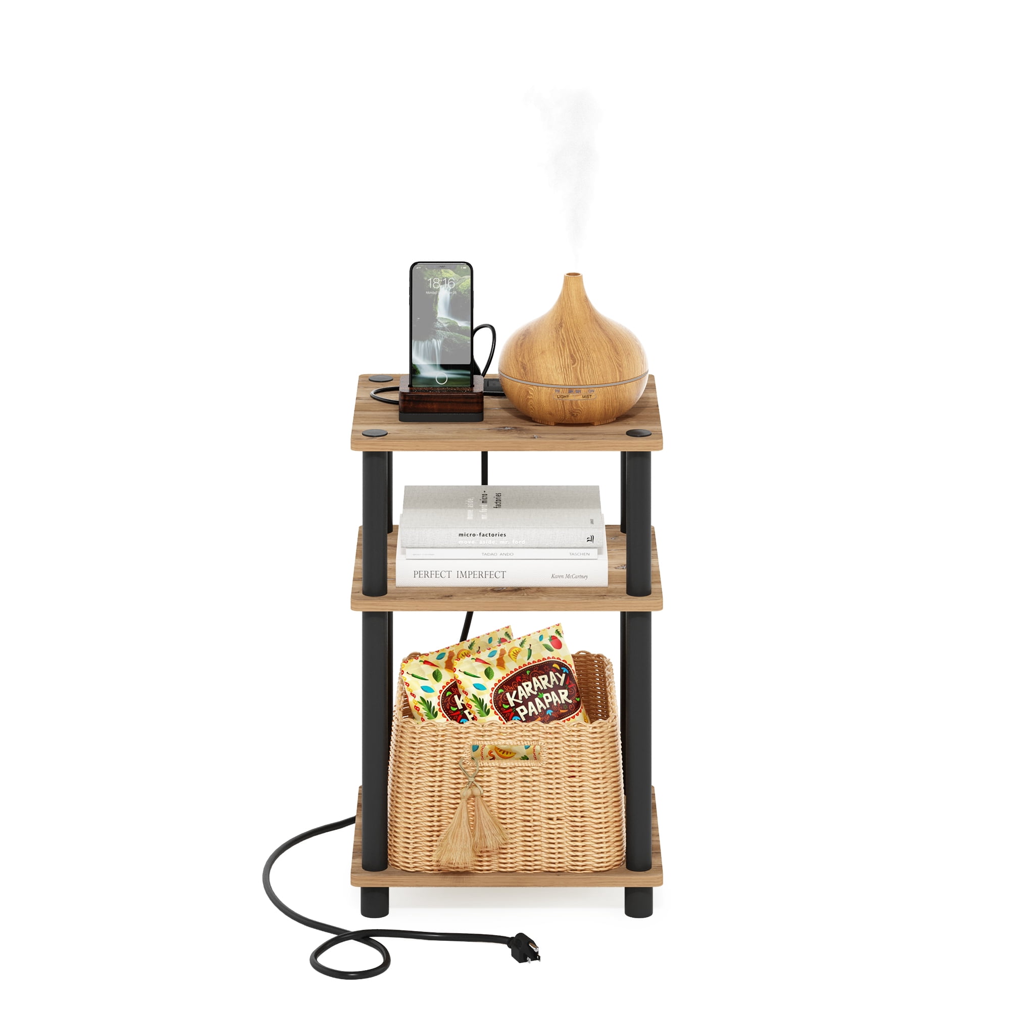 Furinno Just 3-Tier Turn-N-Tube USB and Type-C Charging Port End Table with Open Storage, Flagstaff Oak/Black
