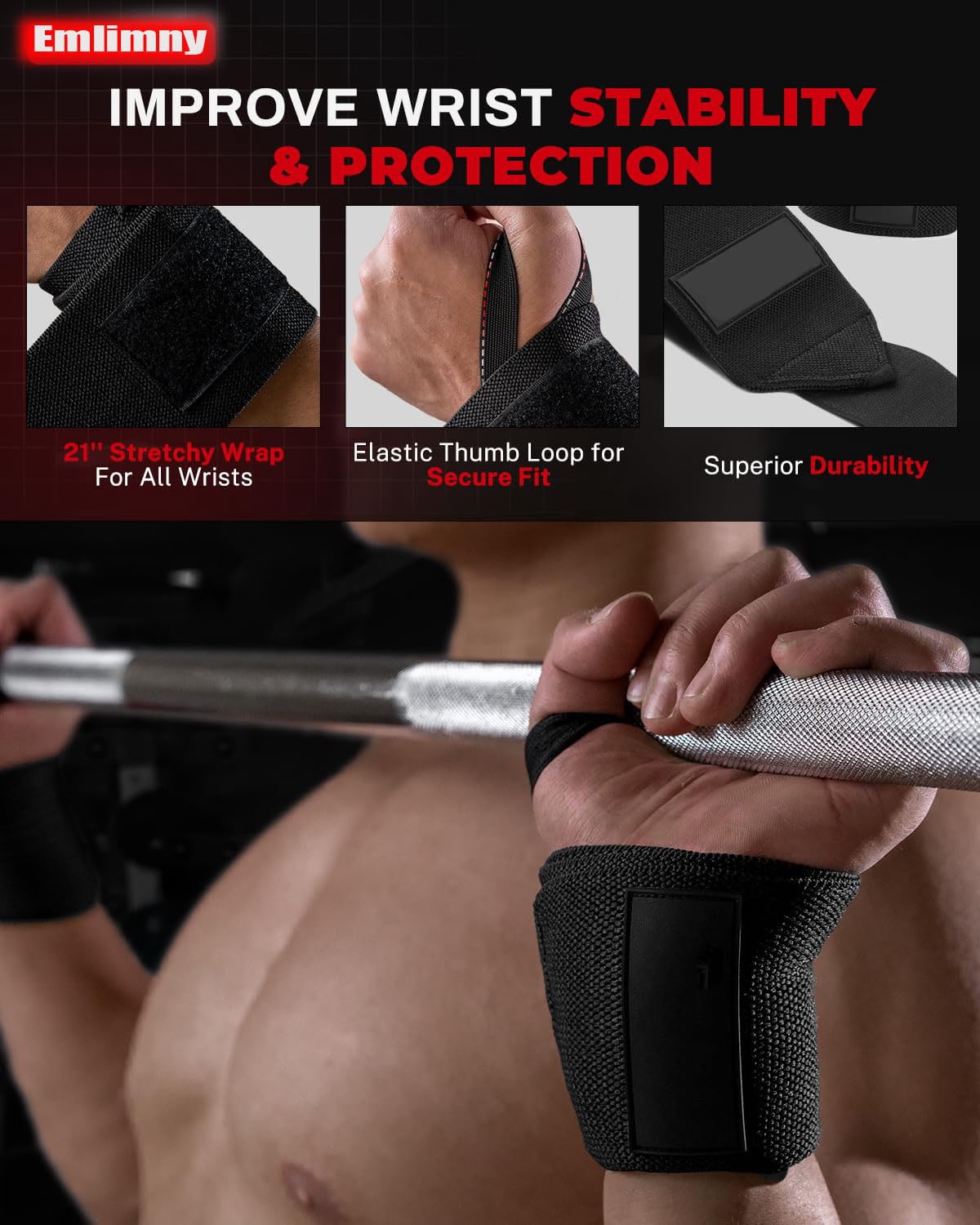 Emlimny 21" Elastic Wrist Wraps for Weightlifting,Gym Breathable Wrist Support Brace with Thumb Loop & Left/Right Tabs,Workout Wrist Straps for Cross Training, Powerlifting & Strength Training