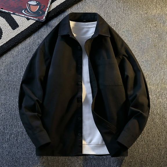 DPTALR Men's Solid Color Long Sleeve Turndown Collar Woolen Button Pocket Jacket,Black Big and Tall Men XXXL