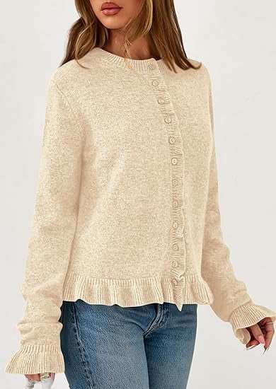 Womens Fall Button Down Cardigans Chunky Knit Ruffle Open Front Cropped Cardigan Sweaters Soft Long Sleeve Tops - image 3