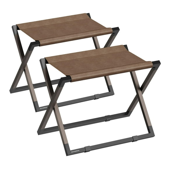 SONGMICS Portaequipajes, Juego de 2 Soportes para Maletas Plegables, Portaequipajes de Metal, Cuero Sintético, Fácil de Montar, para Habitación de Invitados, Hotel, Dormitorio, Marrón Nogal y Negro Ti