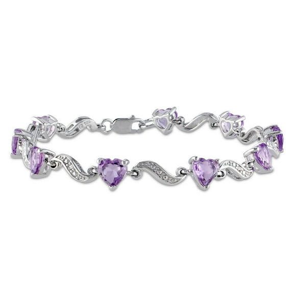AMOUR 5 CT TGW Amethyst and Diamond Heart S-link Bracelet in Sterling Silver