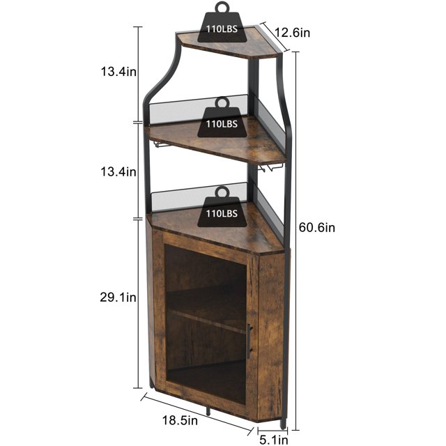 GloryStar Farmhouse Wine Bar Corner Cabinet with Storage, Small Buffet Sideboard with Detachable Rack and Buffet Mesh Door, Glass Rack, Liquor Coffee Bar Cupboard for Kitchen, Dining Room