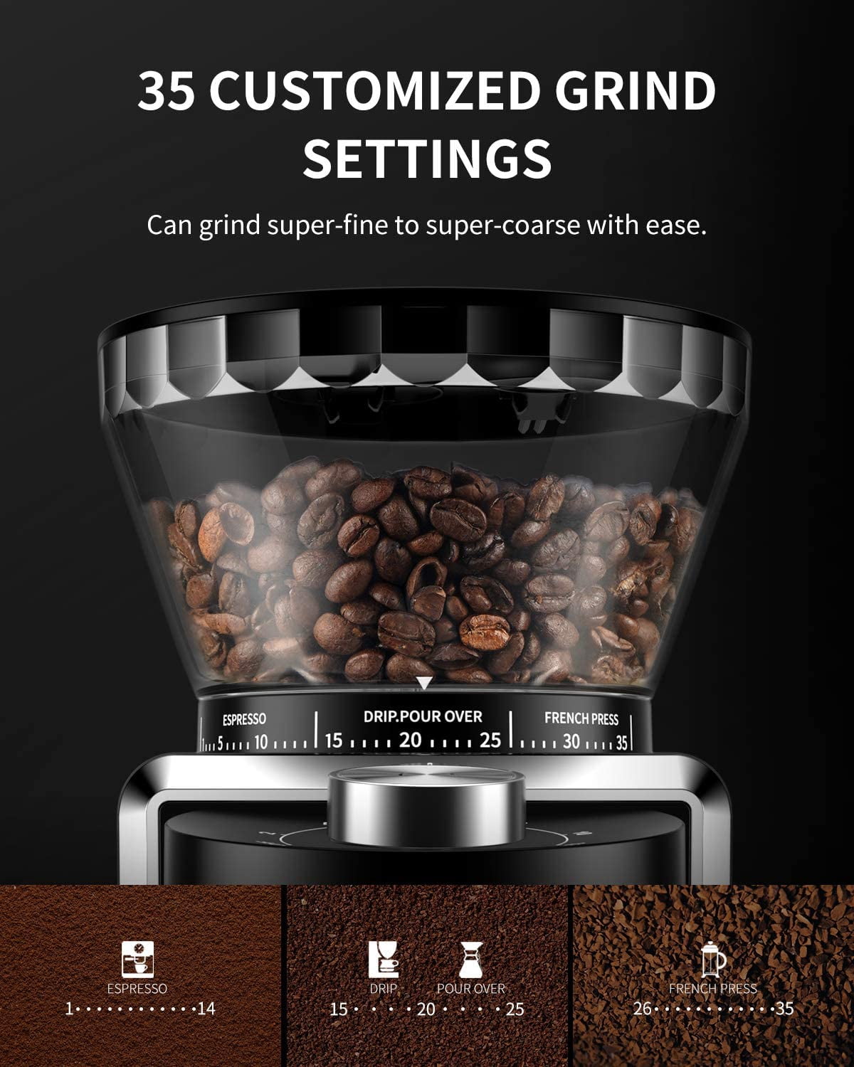 Conical Burr Coffee Grinder, Electric Coffee Bean Grinder for Precise Grinding, 35 Settings, 2–12 Cup Selector, Anti-Static Design for Home Use, Black