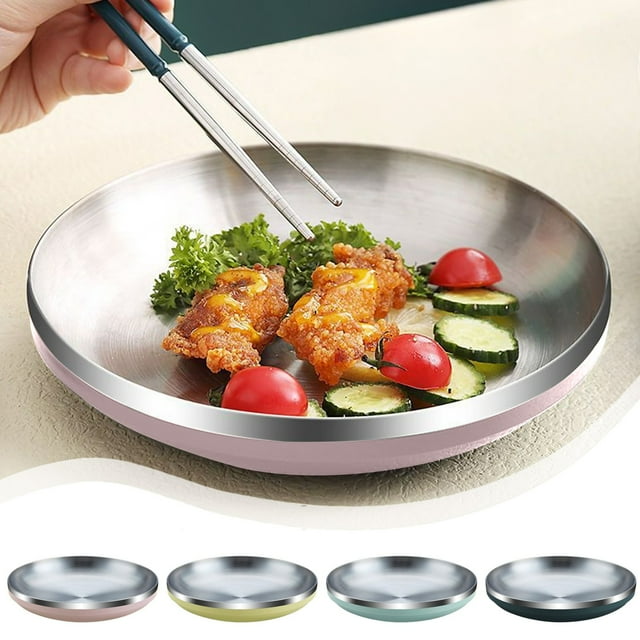 Kadlawus 4Pcs Stainless Steel Tableware Set, Portable Household Fruit Plates, Durable Stainless Steel Chopsticks and Spoons, Heat-Resistant Hand Protection for Picnics, Camping, Outdoor Dining