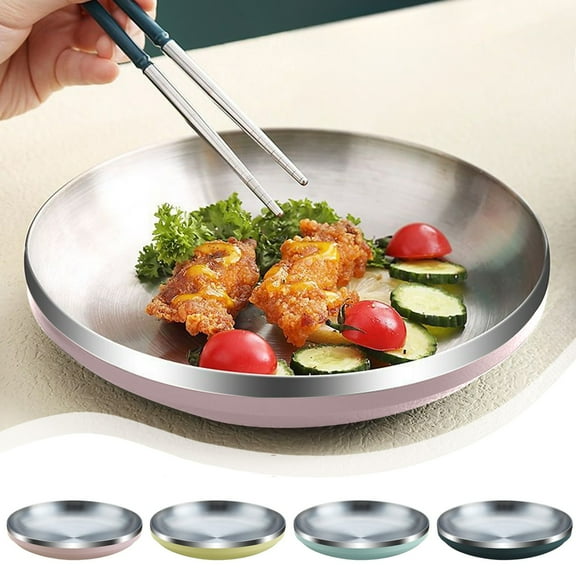 Stainless Steel Plates, Portable Tableware, Insulated Dish, Double Layered Design, for Hot Foods Cold Dishes, Heat Retention Serving | Army Green KTFgvq