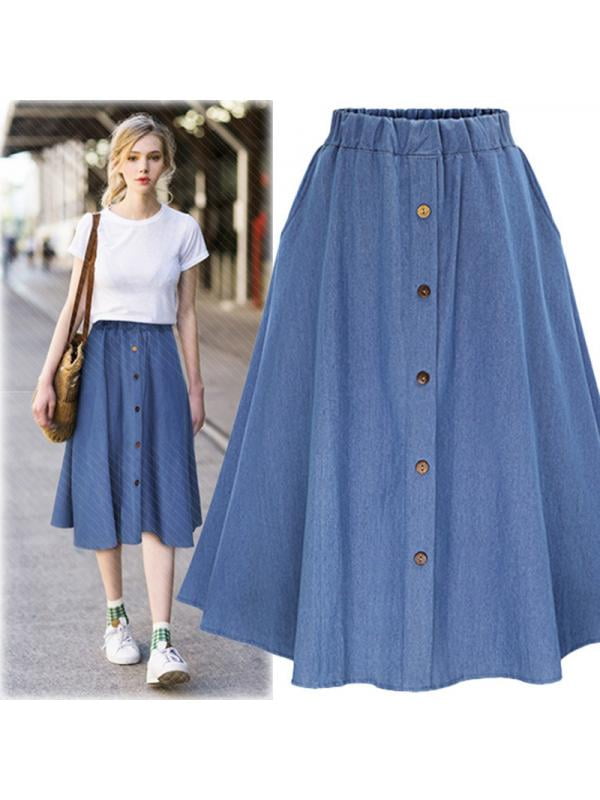 Korean Casual A-Line High Waist Button Pleated Midi Skirt Fashion ...