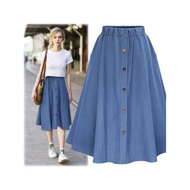 Korean Casual A-Line High Waist Button Pleated Midi Skirt Fashion ...