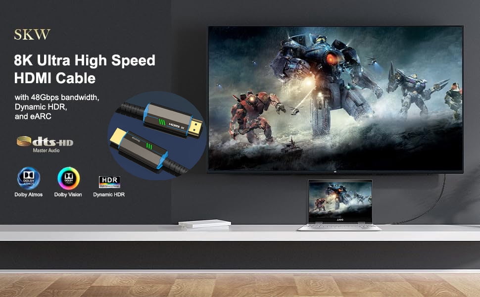 8K Game HDMI Cable Fiber Optic HDM1 2.1  (16ft)  Long In-Wall Cable,AUBEAMTO Ultra High Speed 48Gbps, Supports 8K@60Hz, 4K@120Hz, Dynamic HDR, eARC, Compatible RTX3090, Xbox Series X, PS5, UHD SUHD