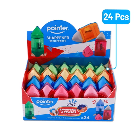Pointer Handheld Manual Pencil Sharpeners, Rocket‑Shaped, Single‑Hole, 2‑in‑1 Eraser and Container, Assorted Colors, 24 Count, 1 pack