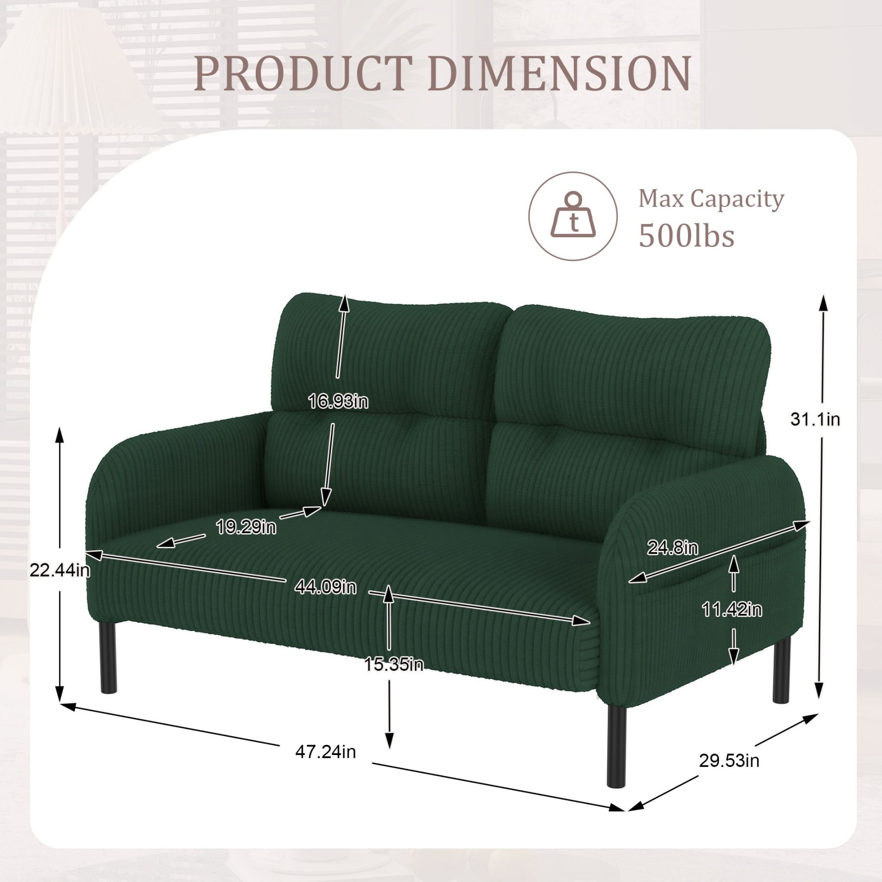 Corduroy Loveseat Sofa, Modern Upholstered Double Sofa Couch with Side Pockets for Living Room Bedroom Apartment, Emerald
