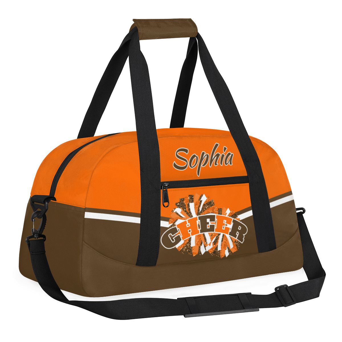 Jiaoprinted Personalized Cheer Bag, Custom Sport Duffel Bag with Name, Customized Cheerleader Dance Bag, Sport Gym Bag Overnight Weekender Bags, Brown Orange