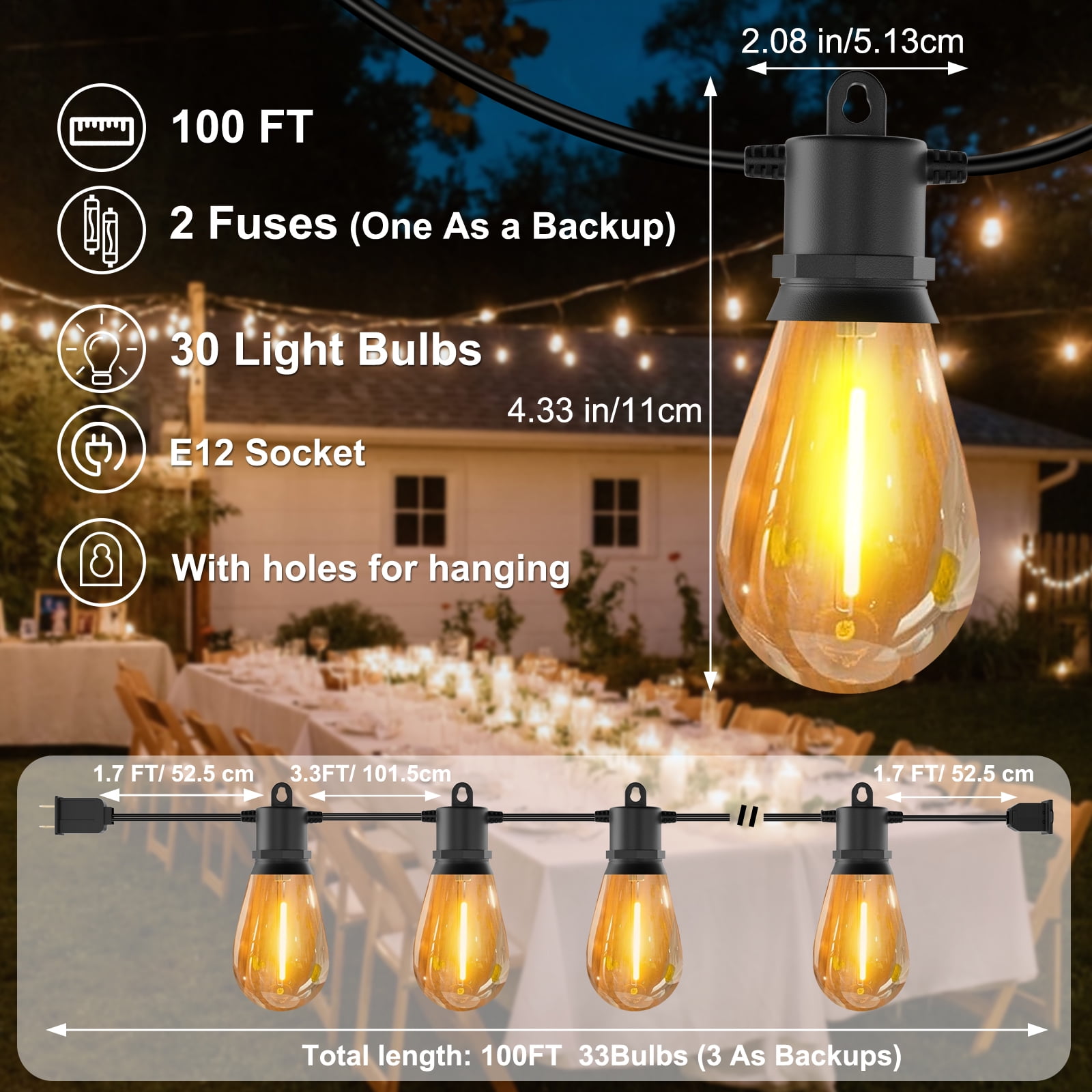 Licoopr 100FT Outdoor String Lights shatterproof Patio Lights,30+3 Edison LED Bulbs for Backyard,Garden,Porch