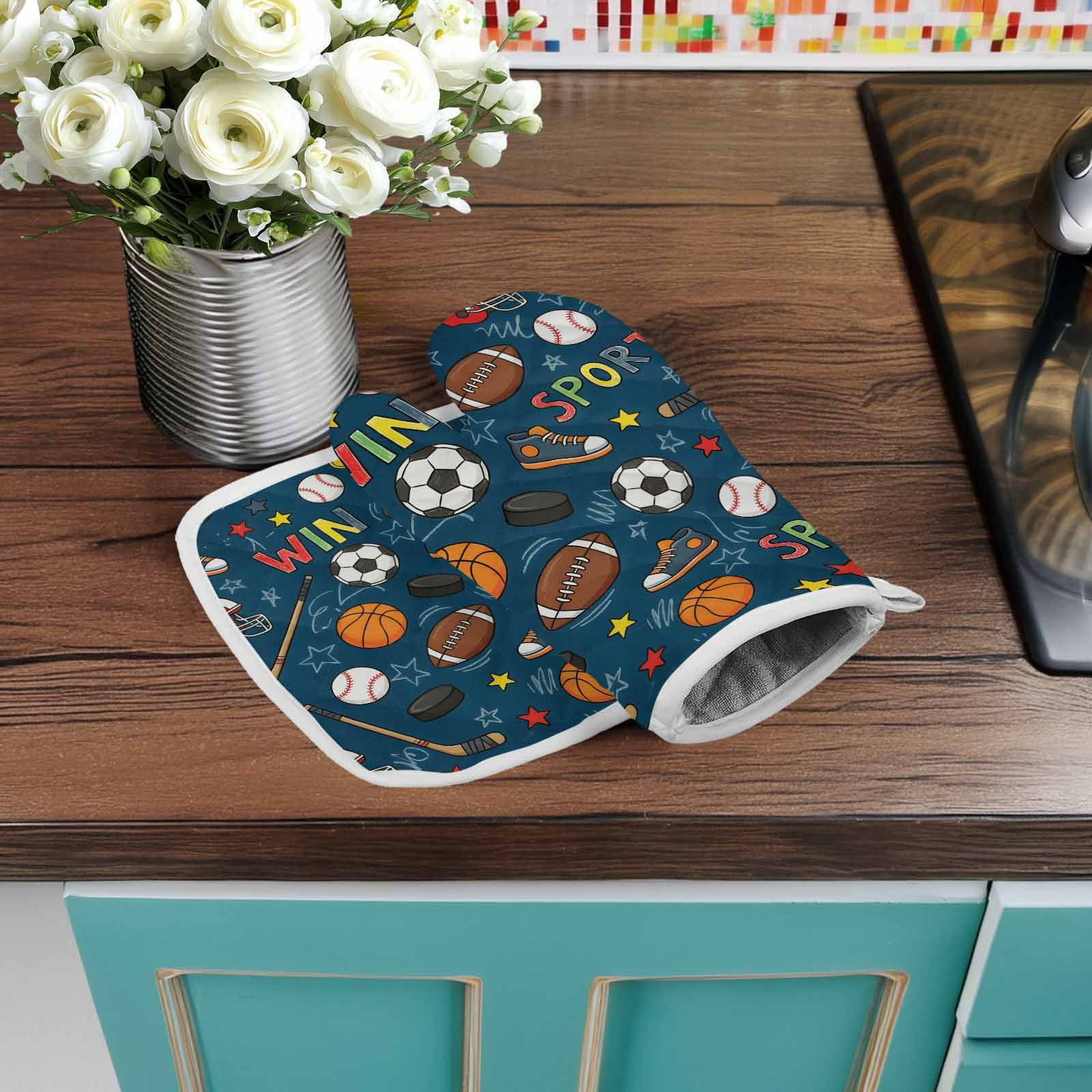 Oven Mitts and Pot Holder Set for Kitchen, Sports Balls Kitchen Oven Gloves Heat Resistance Non-Slip Surface Basketball Football Baseball Rugby Ice Hockey Hot Pads Sets for Cooking Baking BBQ