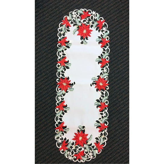 Red Poinsettia Flowers Embroidered Christmas Table Runner 16 x 45 Inch New