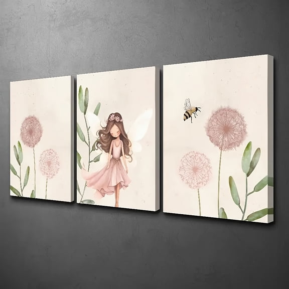 3pcs of canvas printed decorative paintings, magic daycare wall decoration, pink dandelion flower, fairy, plant art, indoor home wall decoration art