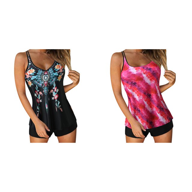 (2-Pack) Rinsvye Women'S High Waist Printed Tankini Swimsuit With Adjustable Straps And Removable Cups Two Piece Set For Swimwear Beach Pool Summer Outfit